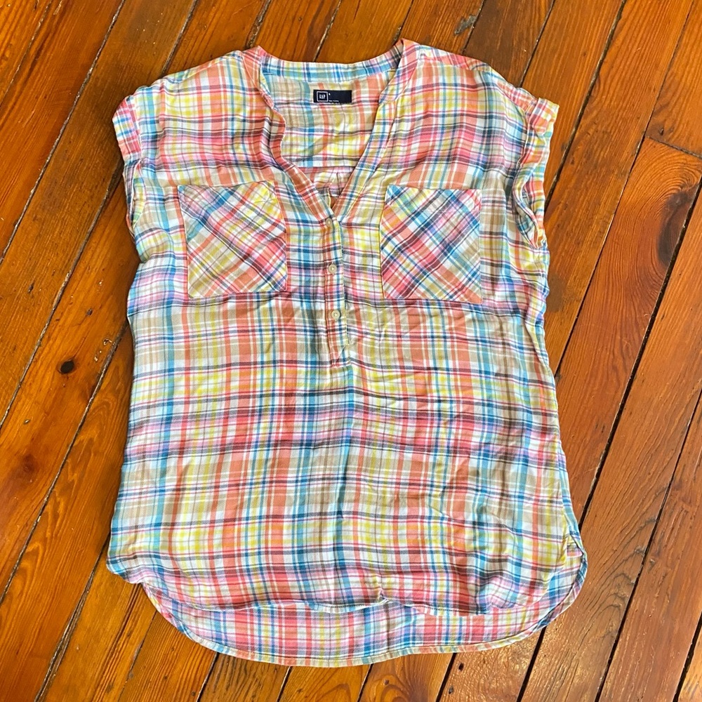 GAP Women's Girlfriend Cap Sleeve Pink Plaid Blouse Size Small